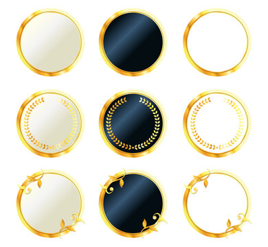 金色リーフ装飾の高級ラウンドバッジフレームセット / Luxury Gold Laurel and Vine Round Badge Frame Vector Set
