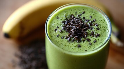 Vibrant green nutritional beverage topped with dark seeds sits beside a ripe yellow fruit