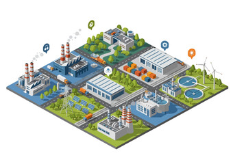 Modern industrial complex with renewable energy sources and advanced infrastructure