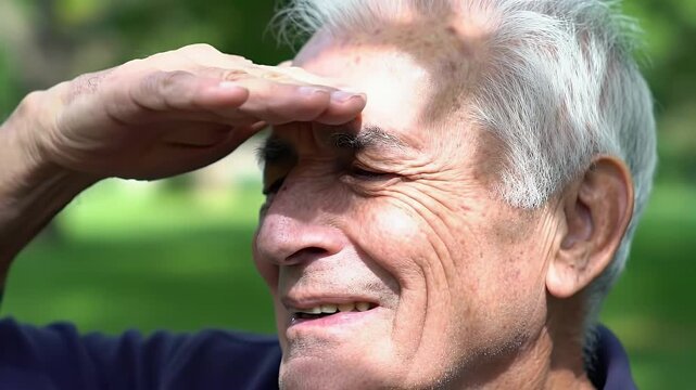 Close-up of an elderly man in a park, shielding his eyes from bright light due to migraine sensitivity, conveying discomfort and light sensitivity.