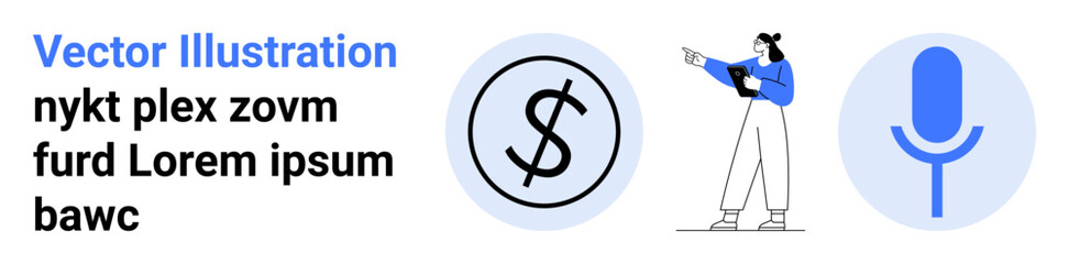 Obraz premium Dollar sign in a circular frame, person gesturing in a presentation, and microphone. Ideal for finance, communication, presentation, podcast, e-learning, teamwork and a simple landing page