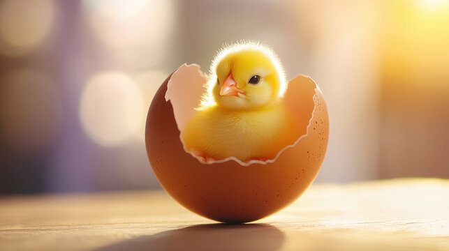 Realistic shot of small yellow chick inside eggshell. Light background highlights Easter concept and new beginnings