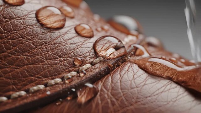 Close-up of brown leather with water droplets, showing texture and detail.