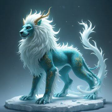 Blue mythical creature Kylin stands on ice. Lion like body, white mane, golden horns, icy tail, ornate gold patterns. Majestic beast from east Asian folklore.