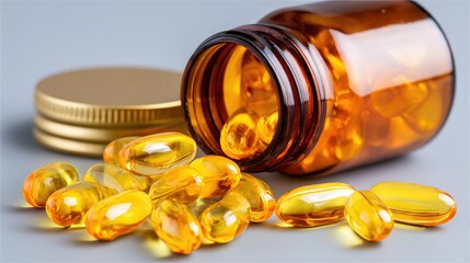 Amber container lying on its side spills numerous translucent yellow oval softgel capsules onto a neutral surface