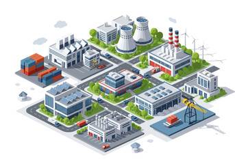 Obraz premium Isometric industrial city illustration with various factories, power plants, and solar panels