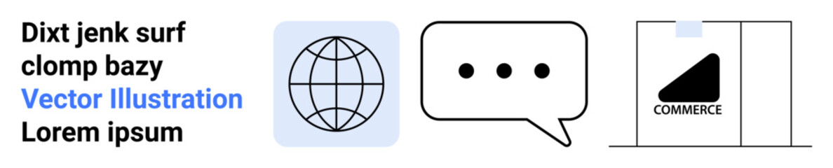 Digital communication, e-commerce, globalization, online services, networking, web design. Globe, speech bubble and shopping bag logo . Communication and e-commerce visualization