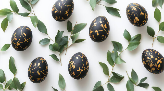 Elegant arrangement of black and gold Easter eggs on white background with green leaves