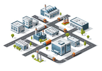 Obraz premium Isometric illustration of a modern industrial park with commercial buildings, factories, warehouses, and trucks on streets