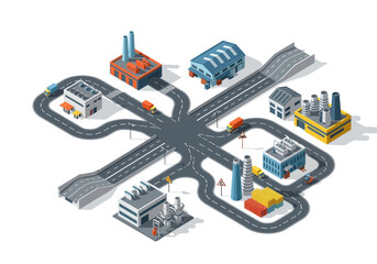Obraz premium Isometric industrial city crossroads with factories, warehouses, and roads in a vibrant urban landscape