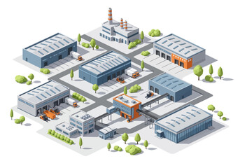 Obraz premium Isometric view of a modern industrial park with various buildings and vehicles
