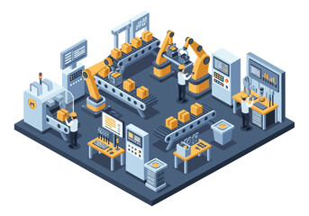 Obraz premium Automated industrial manufacturing facility with robotic arms on an assembly line, showcasing production and technology