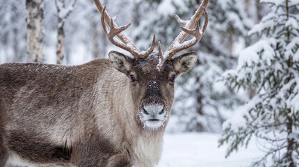 Obraz premium Reindeer Portrait in Winter Wonderland: A Majestic Creature Amidst Snowy Trees (100 Char Max)