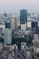 Fototapeta premium Tokyo Tower, Tokyo, Shiba-koen in Minato City, Japan, night aerial view of Japan Radio Tower with rooftops and skyscrapers, seen from the Roppongi Hills observation deck in a twilight and evening sky