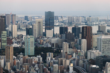 Tokyo Tower, Tokyo, Shiba-koen in Minato City, Japan, night aerial view of Japan Radio Tower with rooftops and skyscrapers, seen from the Roppongi Hills observation deck in a twilight and evening sky