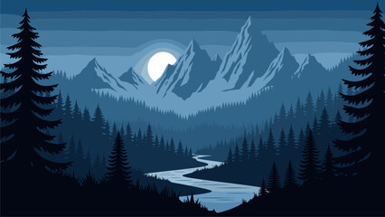 Moonlit Pixel Art Mountain Valley with Winding River and Pine Forest © mest selda blessun