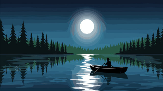 Serene Night Lake Landscape with Full Moon, Forest Silhouette, and Lone Boatman