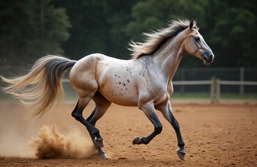 Spotted horse with long flowing tail gallops across dirt arena. Mane flies in wind, dust kicks up from hooves. Athletic animal runs with grace and power in open field.