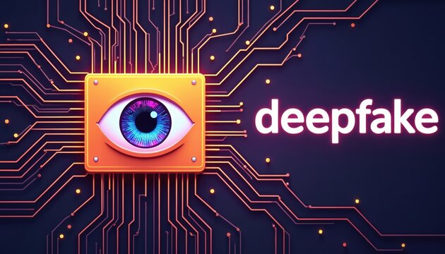 Digital eye icon on circuit board with deepfake text. Futuristic concept of artificial intelligence creating fake digital content and manipulating reality.