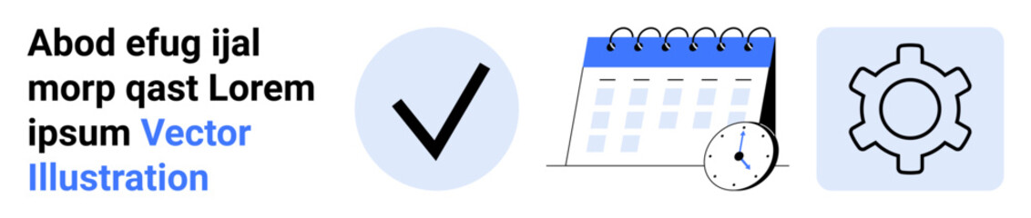 Tick mark, calendar with clock, and gear visualize productivity, scheduling, and process optimization. Ideal for business tools, project tracking, workflow, efficiency time management automation