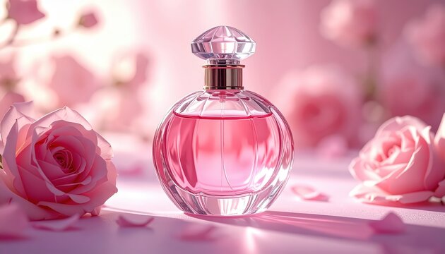 Luxurious perfume bottle on a pink background with roses