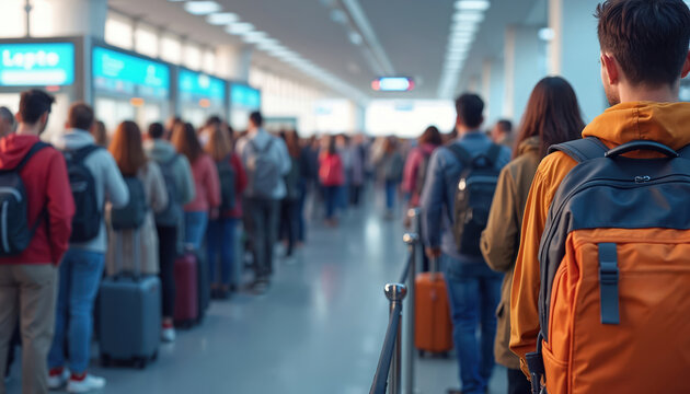 People queue at airport security checkpoint. Travelers wait in line for baggage scan. Many passengers with luggage pass through TSA check. Global trip start.