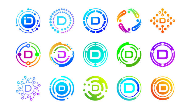 Collection of colorful letter D technology logos with circular, network, and digital elements. Modern abstract symbols for AI, innovation, startups, apps, and futuristic tech branding.