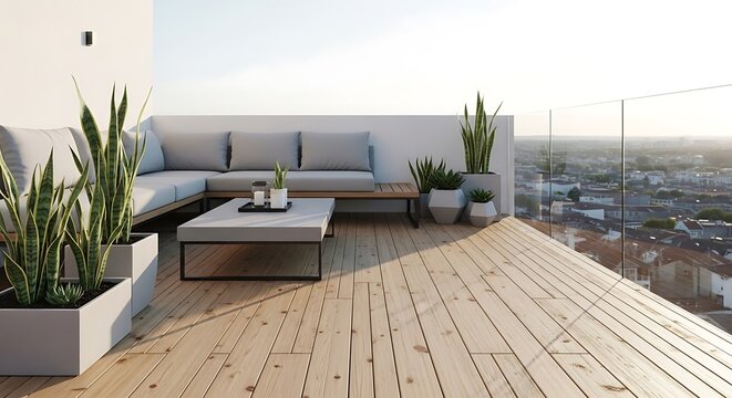 Modern rooftop patio with wooden decking and comfortable seating area overlooking the cityscape on a sunny day via whisk mepd9f via RJ Whisk Auto