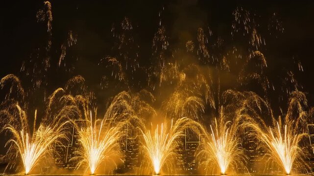 Golden firework fountains shooting upward near city outline