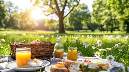 Sunny summer picnic with basket and food on green grass in park