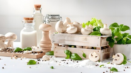 Fresh white mushrooms with milk and herbs on bright kitchen background