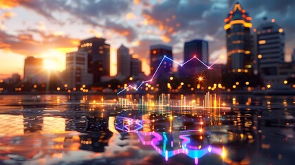 Futuristic glowing city skyline with rising financial chart at sunset