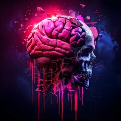 Futuristic neon cyberpunk brain and skull concept, artificial intelligence design