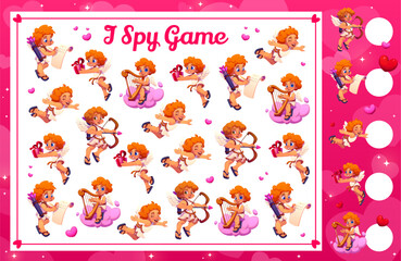 Obraz premium I spy game worksheet with Valentine day cherub cupid angels. Vector educational riddle featuring adorable cartoon Amours playing harps, flying, shooting arrows, reading scrolls and delivering gifts