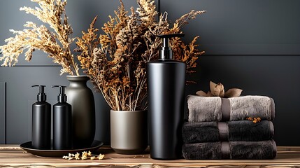 Elegant Minimalist Spa Composition with Black Bottles and Towels