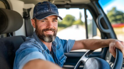 Friendly bearded driver in cap smiling and sitting behind steering wheel

