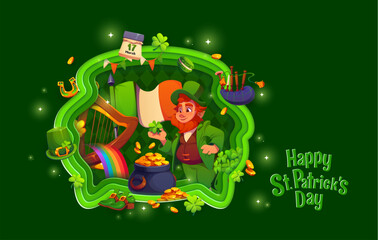 Fototapeta premium Paper cut happy st Patrick day banner with leprechaun, shamrock clover and Irish holiday objects, pot of gold and rainbow. Cartoon vector greeting card celebrates Irish culture, pride and heritageV