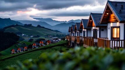 Row of Cozy Modern Houses on Mountain Slope at Sunset in Scenic Countryside