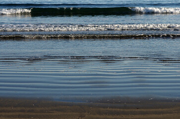 冬の浜辺。誰も居ない海を独り占めしている私。至上の解放感を味わっている。潮が引いたり寄せたり、そのたびに宝石のような小石や貝殻が、行ったり来たり波打ち際をさまよっている。眺めているだけで楽しい気分になった。幾分傾きかけた太陽の光が砂浜を照らしている。砂が作る不思議な紋様。あたかも地球上の広大な平原を眺めているようだ。時を忘れて浜辺で戯れている私。至福の時。