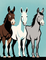 Obraz premium Stylized horse trio in graphic design, cartoon animal art, vector illustration, teal background, bold, modern poster.