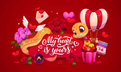 Obraz premium My heart is yours happy Valentine day greeting card with cute snake holding a banner, surrounded by roses, hearts, gifts, love letter, February 14 calendar, engagement ring and heart hot air balloon