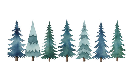 Obraz premium horizontal watercolor banner of minimalist stylized fir trees in shades of cool blue and deep green, isolated on transparent background with copy space. concept for winter holiday design template