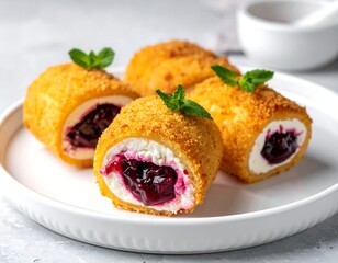 Fried dessert rolls with cream filling and berry sauce on a white plate, garnished with mint