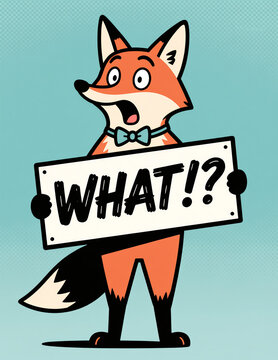 Animated fox character with bowtie holding protest sign, surprised expression, comic book background, stylized illustration, humorous reaction art.