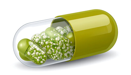 Green capsule with transparent end, tiny balls inside, glossy, reflective, on white background