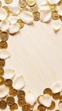 Gold Coins and White Rose Petals Border on Textured Background.