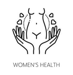 Woman health, gynecology and fertility line icon. Reproductive healthcare outline pictogram, gynecology and fertility health vector icon. Urinary medicine symbol with woman body, love hearts and hands