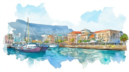 Cape Town Waterfront. Cape Town Waterfront hand drawn watercolor illustration on white background
