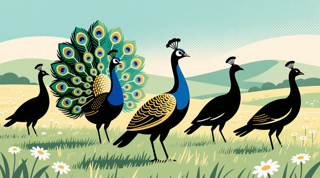 strutting with fanned tail, peahen following, daisies blooming, stylized illustration, flat design, nature scene.