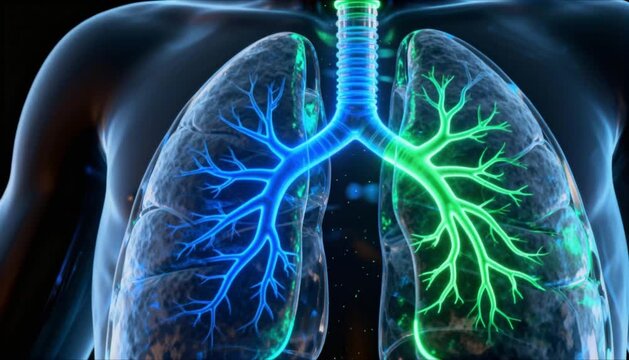 Human lungs and respiratory system highlighted by glowing bronchi and trachea for world tuberculosis day science visualization